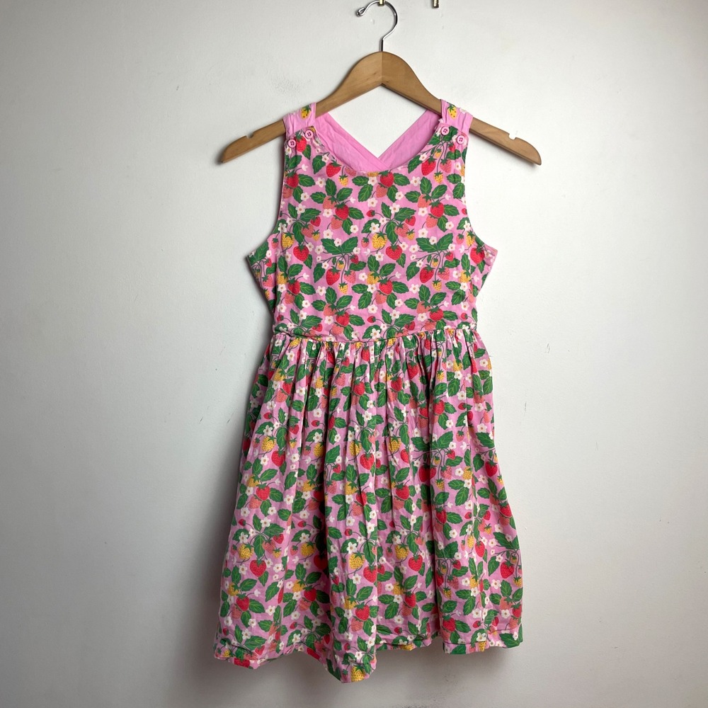 Mini Boden Kids Pink Strawberry Print Cross Back Embroidered Dress Sz 11-12Y